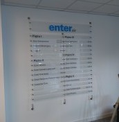 Tablice panelowe wiszące, tablice z nazwami najemców, tablice na stalowych linkach, tablice informacyjne linkowe