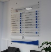 Tablice panelowe wiszące, tablice z nazwami najemców, tablice na stalowych linkach, tablice informacyjne linkowe